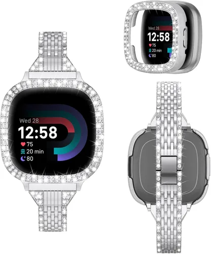 Vista 8 de MOFREE Compatible con Fitbit Versa 4 bandas/Fitbit Sense 2 bandas para mujeres con funda protectora de parachoques duro, joyería elegante pulsera