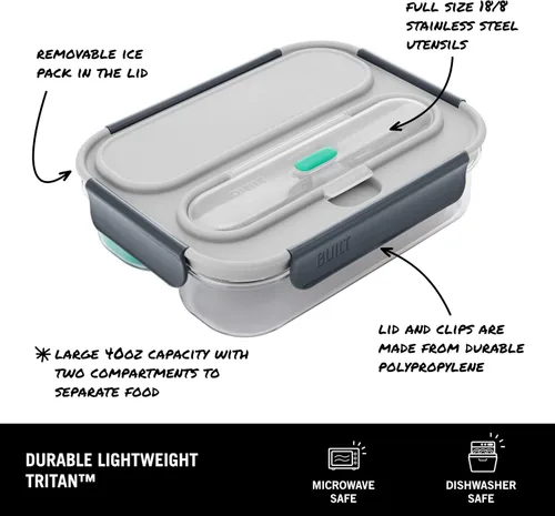 Vista 3 de Built Bento de plástico y Tritan gourmet de 40 onzas, hermético, resistente a las fugas y reutilizable, con cubiertos de acero inoxidable y bolsa