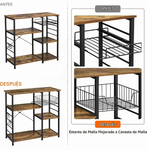 Vista 4 de Yaheetech - Estante de cocina para hornear de 4 niveles, carrito con soporte para microondas y barra de café con cesta de alambre y 6 ganchos