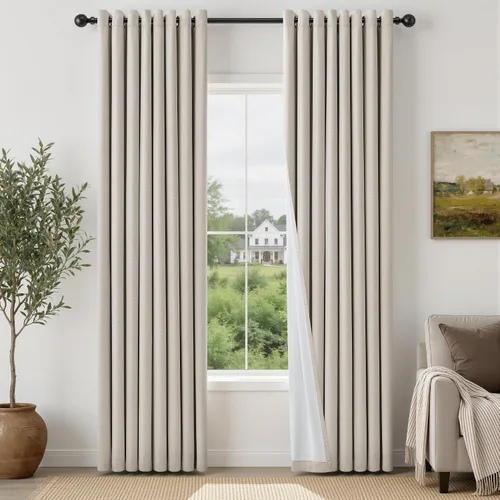 Vista 12 de Cortinas de 100 pulgadas extra anchas 100% opacas marfil con ojales, lino Natural