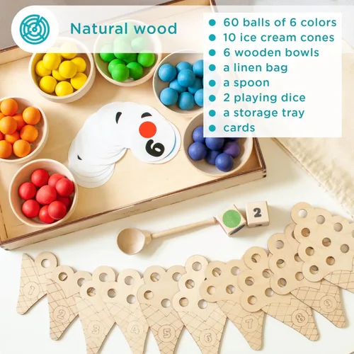 Vista 4 de Ulanik Sweet Counting - Juguetes Montessori grandes para niños de 3 años + juego de madera a juego para aprender a clasificar y contar colores - 60