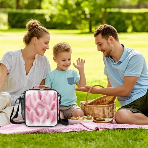Vista 5 de Flamingo Feather Pattern Kids Lunch Bag, Insulated Lunch Box for School Reusable Lunch Tote with Shoulder Strap Leakproof Waterproof for Boys Girls