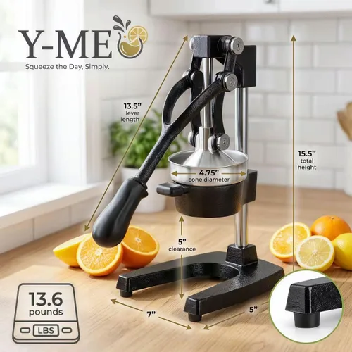 Vista 6 de Y-ME Exprimidor de hierro fundido, exprimidor manual de limón y prensa de cítricos, prensa comercial de jugo con colador de acero inoxidable Negro