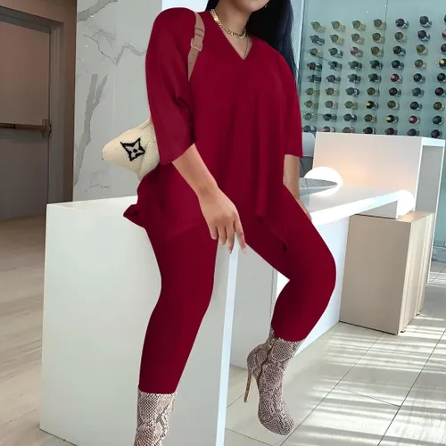 Vista 3 de AXOSY Conjunto deportivo de 2 piezas para mujer, talla grande, con volantes, pantalones largos, color rojo vino, talla 3XL, Rojo vino