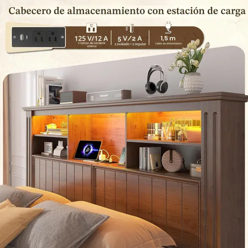 Vista 4 de EnHomee - Marco de cama de tamaño matrimonial con cajones y estante de almacenamiento de cabecero, color marrón