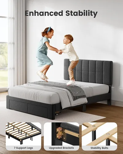 Vista 7 de Pipishell Marco de cama Full con 2 cajones de almacenamiento, 12 patas resistentes, base de cama de madera maciza con cabecera tapizada