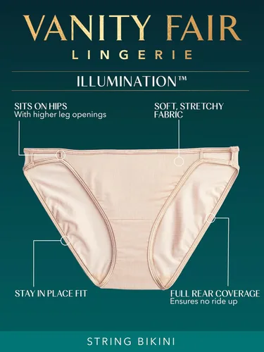 Vista 4 de Vanity Fair Bragas de bikini con tira para mujer, Illumination, con elástico sedoso y ribete de satén Paquete de 3 Negro (Midnight Black)