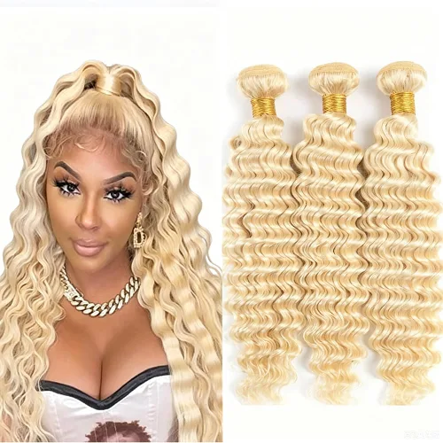 Vista 218 de P4613 Cabello humano rizado onda profunda marrón y paquetes mixtos 8 10 12 P4613 Ombre Marrón-Rubio-DP