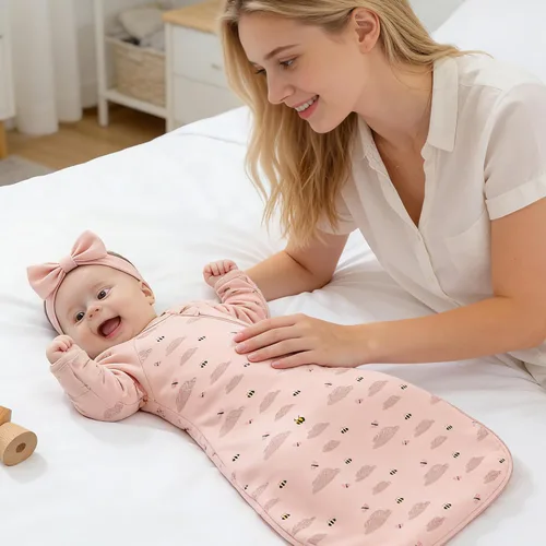 Vista 6 de Saco de dormir de algodón orgánico para recién nacido, saco de dormir de transición para bebé, mangas arriba, puños de manopla, paquete de 2