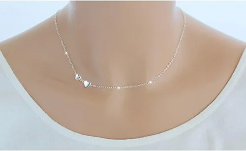 Vista 2 de DAOCHONG Gargantilla de plata esterlina S925 con diseño de corazón de doble amor para siempre, 16+2 pulgadas, Plata esterlina