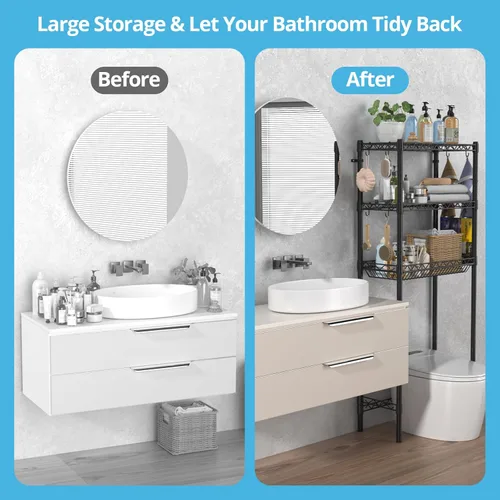 Vista 6 de Hodonas Estante de almacenamiento sobre el inodoro, organizador de baño ajustable con soporte para papel higiénico y 8 ganchos, 3 niveles de metal