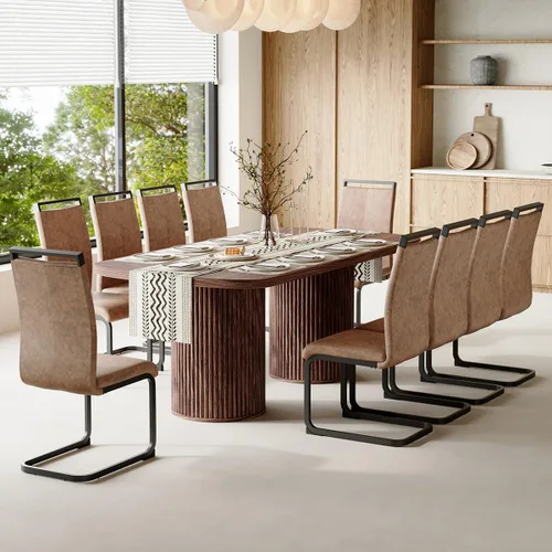 Vista 15 de Mesa de comedor extra larga de 78.7 pulgadas para 6-10 personas, mesa de cocina moderna con bases estriadas, mesa de comedor rectangular de granja
