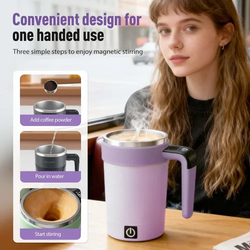 Vista 4 de Taza de agitación magnética automática – Recargable de acero inoxidable portátil para café, leche y chocolate caliente (negro)