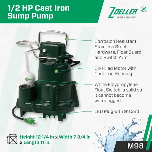 Vista 2 de Zoeller Bomba de sumidero M98 Flow-Mate - 1/2 HP - Hierro fundido - Enchufe de alimentación LED - Alto flujo - Turbina de vórtice - Hardware