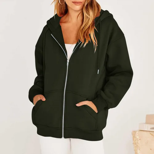 Vista 2 de DOLKFU Sudadera de manga larga con cremallera para mujer, cómoda, de color liso, holgada, casual, ropa de otoño