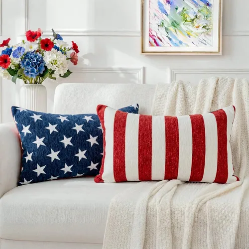Vista 11 de Juego de 2 fundas de almohada patrióticas de felpilla con estrellas geométricas, 18 x 18 pulgadas, decoración americana para el día
