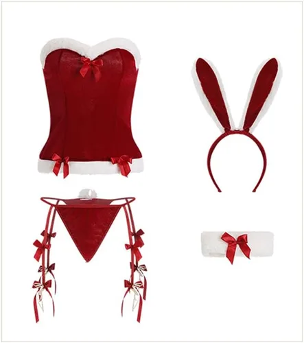 Vista 4 de SINROYEE Conjunto de disfraz de conejito sexy para niña, lencería de anime para mujer
