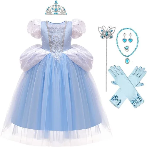 Vista 12 de Vestido de cumpleaños de princesa Cenicienta para niñas, disfraz de Halloween, concurso de Navidad, fiesta de baile con accesorios