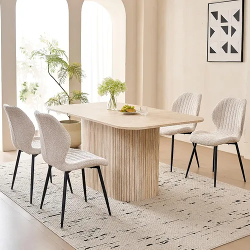 Vista 4 de Mesa de comedor de 63 pulgadas para 4 personas, esquinas redondeadas, base de pedestal a rayas, mesa rectangular moderna de granja, color beige