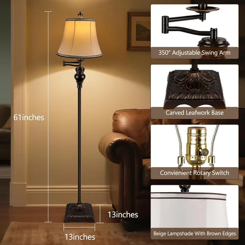 Vista 2 de PARTPHONER Lámparas de pie vintage para sala de estar, lámpara de pie de granja tradicional con brazo oscilante ajustable de 350° para dormitorio