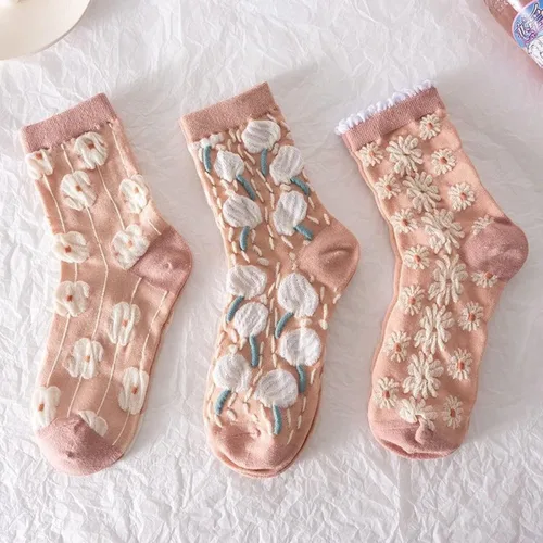 Vista 5 de Juego de 6 pares de calcetines de algodón transpirables de punto floral para mujeres y niñas