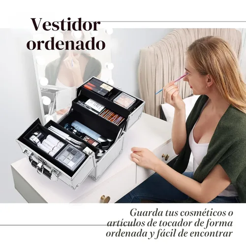 Vista 9 de FRENESSA Estuche de Tren para Maquillaje, Caja Organizadora de Cosméticos Portátil con Candado, Estuche de Viaje para Maquillaje con 4 Bandejas