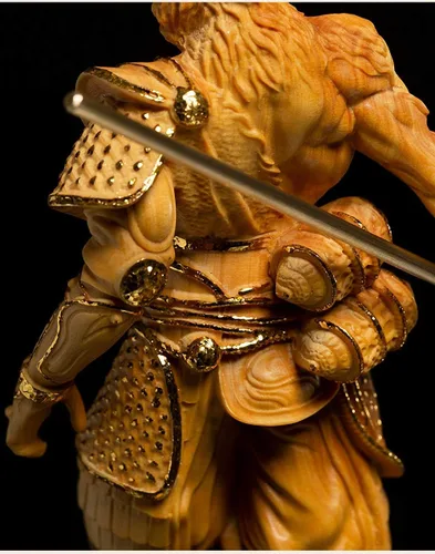 Vista 6 de Estatua de rey mono Wukong tallada en madera de boj natural (chapado en oro)