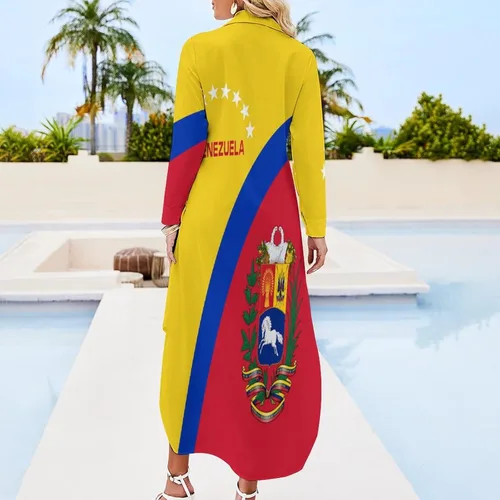 Vista 3 de Vestidos tipo camisa con la bandera de Venezuela para mujer, largo hasta la rodilla, vestido largo con cuello en V, blusa de manga larga