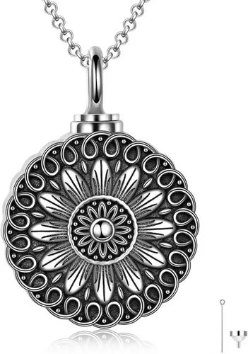 Vista 14 de Collar de urna de girasol de plata de ley para cenizas, joyería de cremación de flores rosas para cenizas