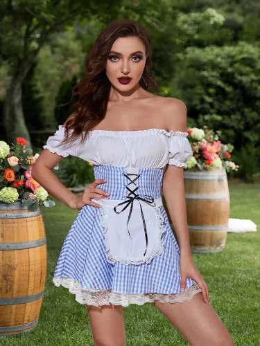 Vista 7 de JMwapar Disfraces de Oktoberfest para mujer, disfraces sexys de Halloween, cosplay, disfraz de sirvienta para cerveza alemana, vestido de Oktoberfest