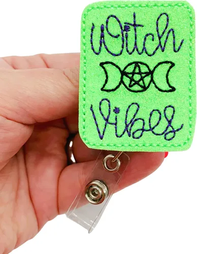 Vista 2 de Witch Vibes Badge Reel, Halloween ID Holder, Triple Moon Witchcraft Name Tag Clip (alligator swivel clip)