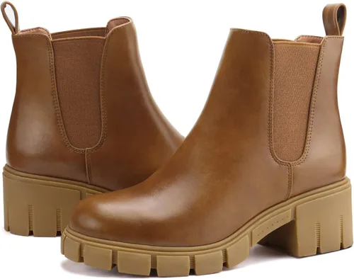 Vista 5 de starmerx Botines de plataforma para mujer, botas Chelsea elásticas, tacón medio, botines sin cordones
