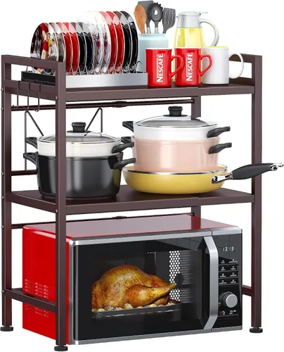 Vista 14 de PUSDON Estante para horno de microondas, estante ajustable resistente de 3 niveles con 3 ganchos para organizador de encimera de cocina