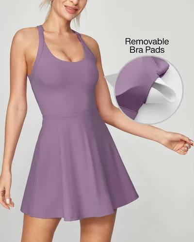 Vista 2 de Heathyoga Vestido de tenis con pantalones cortos integrados y brasier atlético para mujer, vestido de entrenamiento de golf trenzado de verano