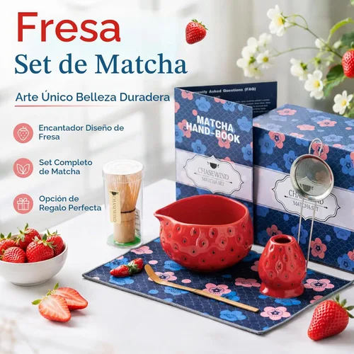 Vista 2 de Juego de batidor de matcha, juego de 7 piezas de matcha de fresa con Pajita Roja