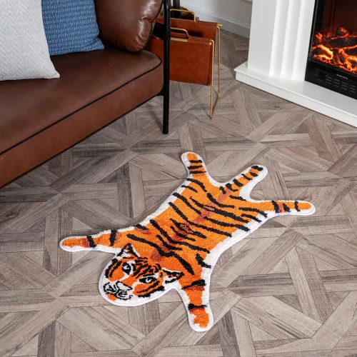 Vista 5 de Alfombra personalizada con estampado de tigre, bonita alfombra de felpa de tigre sintético, antideslizante, decoración del hogar, tapete esponjoso