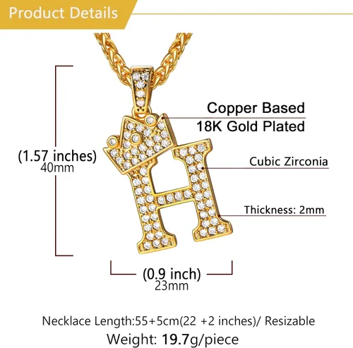 Vista 4 de U7 Collar con inicial de la A a la Z, dije de letra helada con cadena de 22 a 24 pulgadas, para hombres y mujeres, con nombre del alfabeto de hip