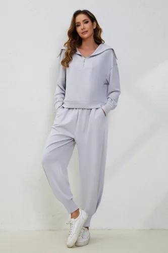 Vista 3 de Meladyan Conjunto deportivo de 2 piezas para mujer, sudadera de manga larga con solapa y media cremallera, pantalones deportivos de cintura alta