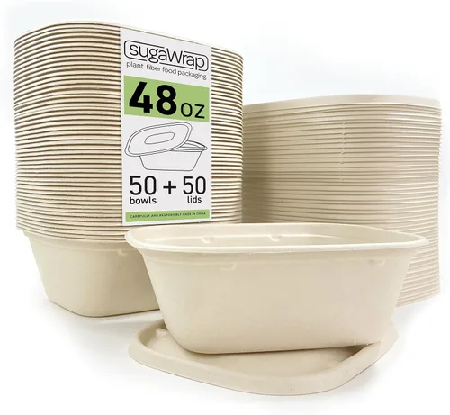 Vista 8 de Recipientes desechables ovalados de 28 onzas con tapas, bambú biodegradable ecológico y caña de azúcar, resistentes y resistentes a fugas, aptos