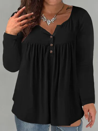 Vista 4 de VISLILY - Camisas tipo túnica de mujer, de manga larga, estilo Henley, talla plus, blusas con botones y plisadas 01_ negro
