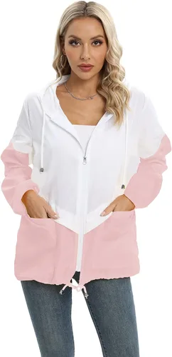 Vista 7 de Chaqueta casual para mujer, impermeable, ligera, con capucha, rompevientos, con bolsillos
