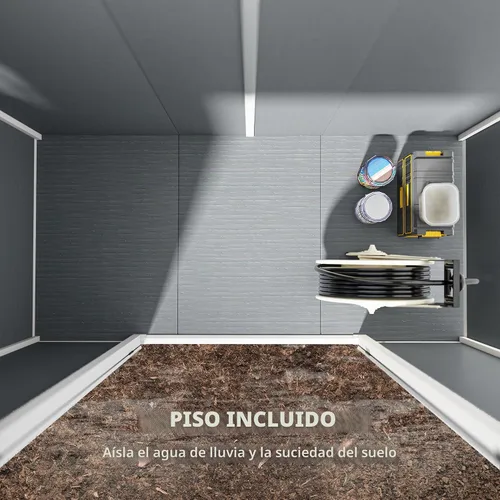 Vista 5 de Outsunny Cobertizo de almacenamiento para exteriores de 8 x 4 pies, cobertizo de plástico de resina impermeable con suelo, ventana, puertas