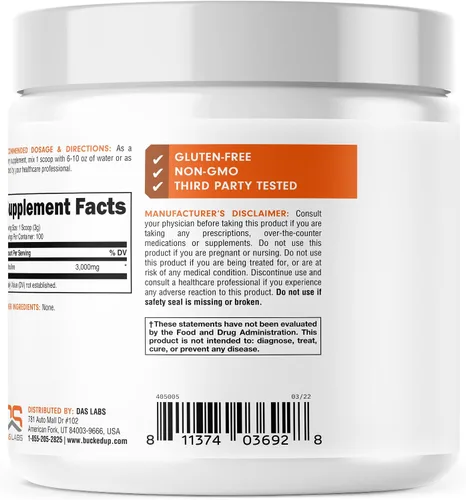 Vista 3 de Polvo de L-citrulina 3000mg Bucked Up, Esenciales (100 porciones)