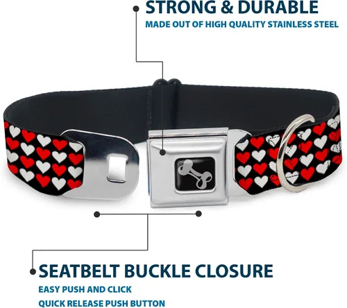 Vista 4 de Buckle-Down Collar de perro con hebilla de cinturón de seguridad, mini corazones, negro, rojo, blanco, 1 pulgada de ancho, se adapta a cuello de 9 a