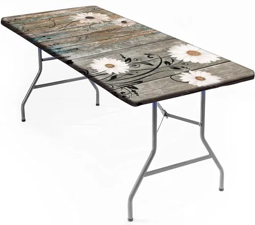 Vista 23 de Mantel rectangular elástico ajustable, con textura de madera de granja, cubierta de mesa de poliéster para mesa de bufé, picnic, cafeterías Mantel
