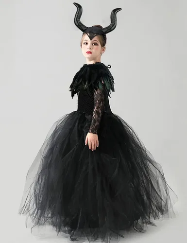 Vista 5 de L'VOW Vestido de princesa de encaje tutú de tul para Halloween con cuernos de demonio, capa de plumas