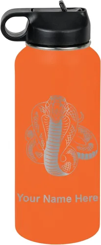 Vista 55 de LaserGram Botella de agua personalizada, serpiente de cobra, acero inoxidable de doble pared aislada al vacío con popote superior, regalo grabado