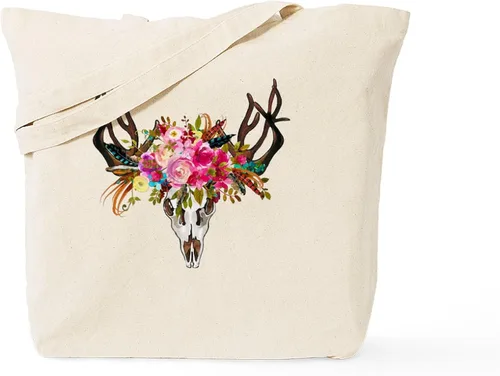 Vista 7 de CafePress Bolsa de lona natural con diseño de calavera de cuernos bohemios, bolsa de compras reutilizable