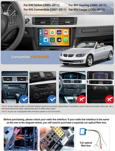 Vista 2 de 2G+64G CarPlay Android Auto Android 13 Estéreo de coche para BMW E90 E91 E92 E93 3 Series 2005-2011, 9 "Pantalla táctil Radio de coche con cámara
