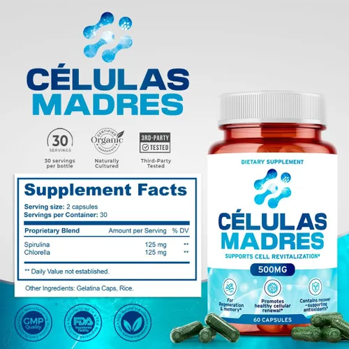 Vista 6 de Suplementos de células madre de 500 mg (60 cápsulas) Natural Anti-Envejecimiento y Longevidad Apoyo con Espirulina y Clorella, Impulsa la Renovación